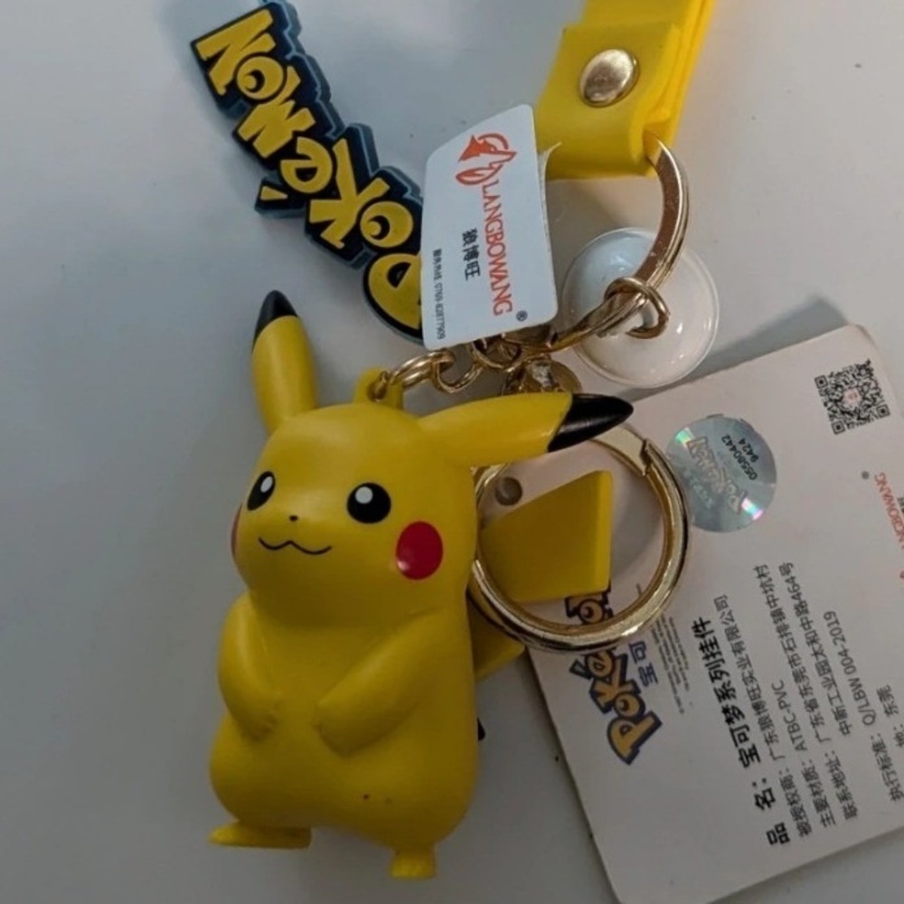 Pokemon Pikachu 3D Figure Keychain Yellow Wristlet Strap with Bell NWT